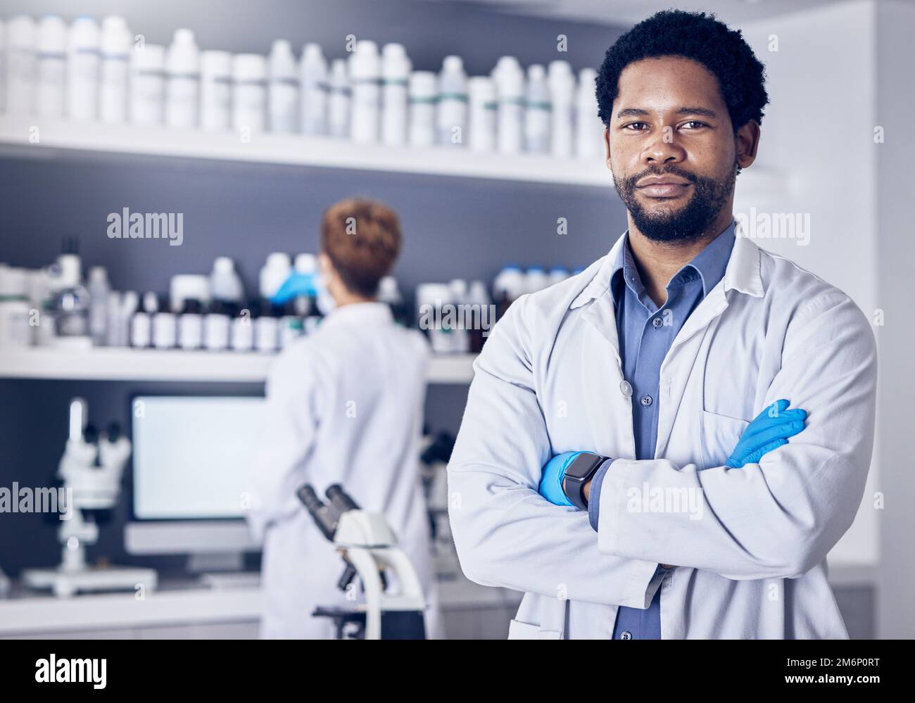 Science, innovation and portrait of man in laboratory, leadership and motivation in vaccine development in South Africa. Healthcare, phd scientist or Stock Photo
