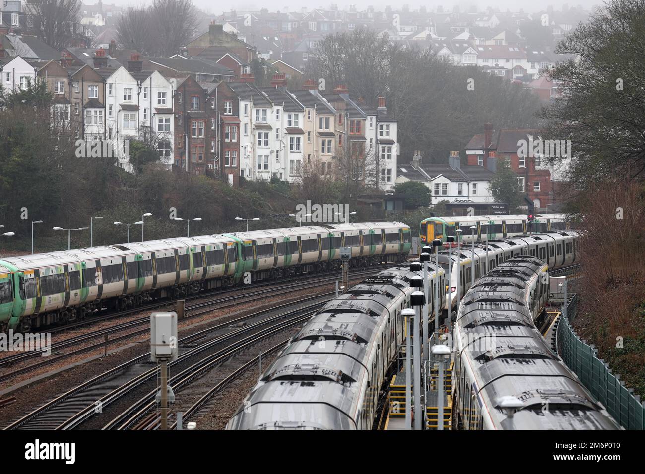 Brighton, UK. 5th Jan, 2023. Empty trains and carriages parked in sidings outside Brighton railway station as Industrial Action continues to disrupt the county. The unions are in dispute with the government and rail companies about pay, job cuts and changes to terms and conditions. Credit: James Boardman/Alamy Live News Stock Photo