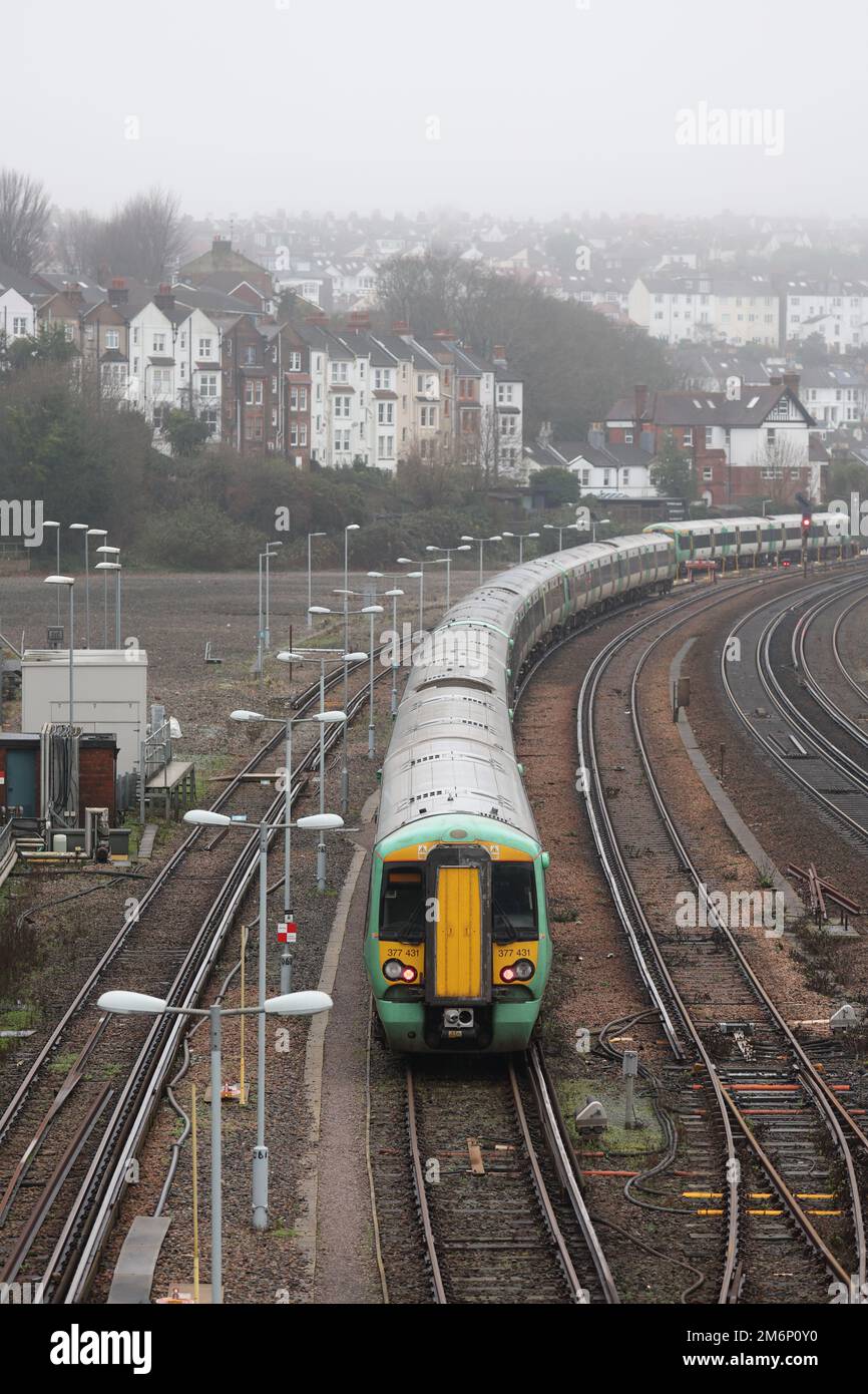 Brighton, UK. 5th Jan, 2023. Empty trains and carriages parked in