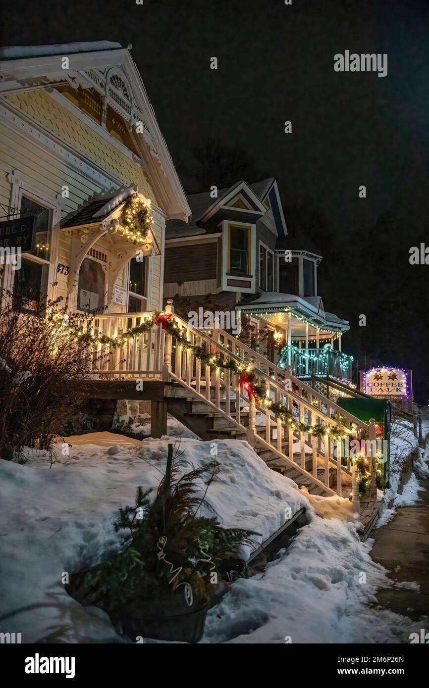 Historic Taylors Falls Public Library and a coffeehouse, Coffee Talk decorated with Christmas