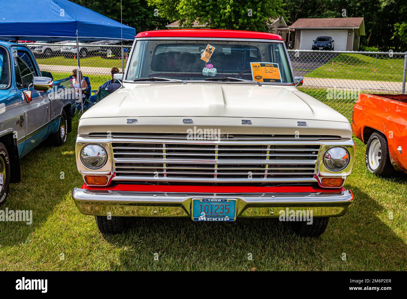 Iola, WI - July 07, 2022: High perspective front view of a 1968 Ford