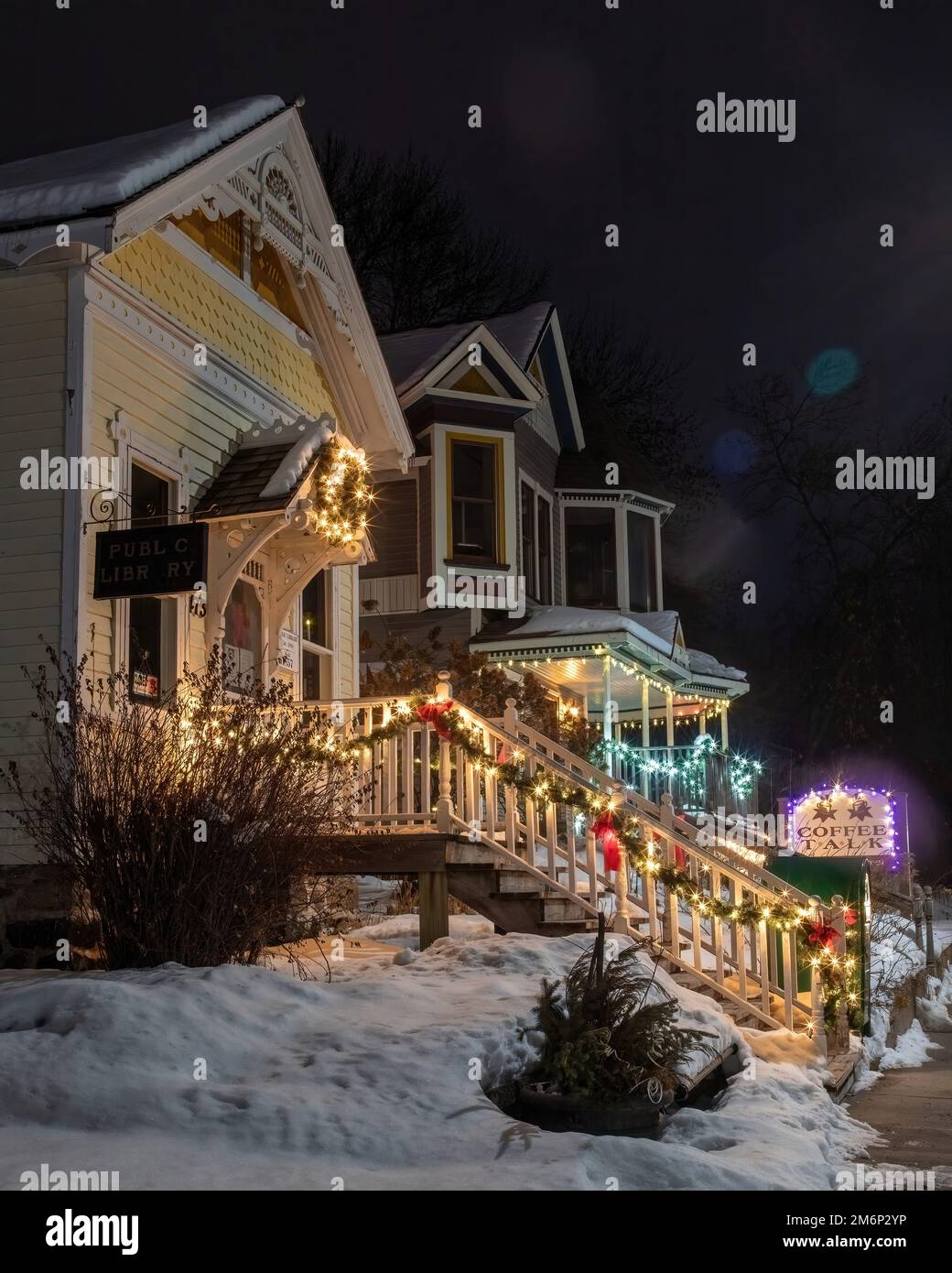 Historic Taylors Falls Public Library and a coffeehouse, Coffee Talk decorated with Christmas