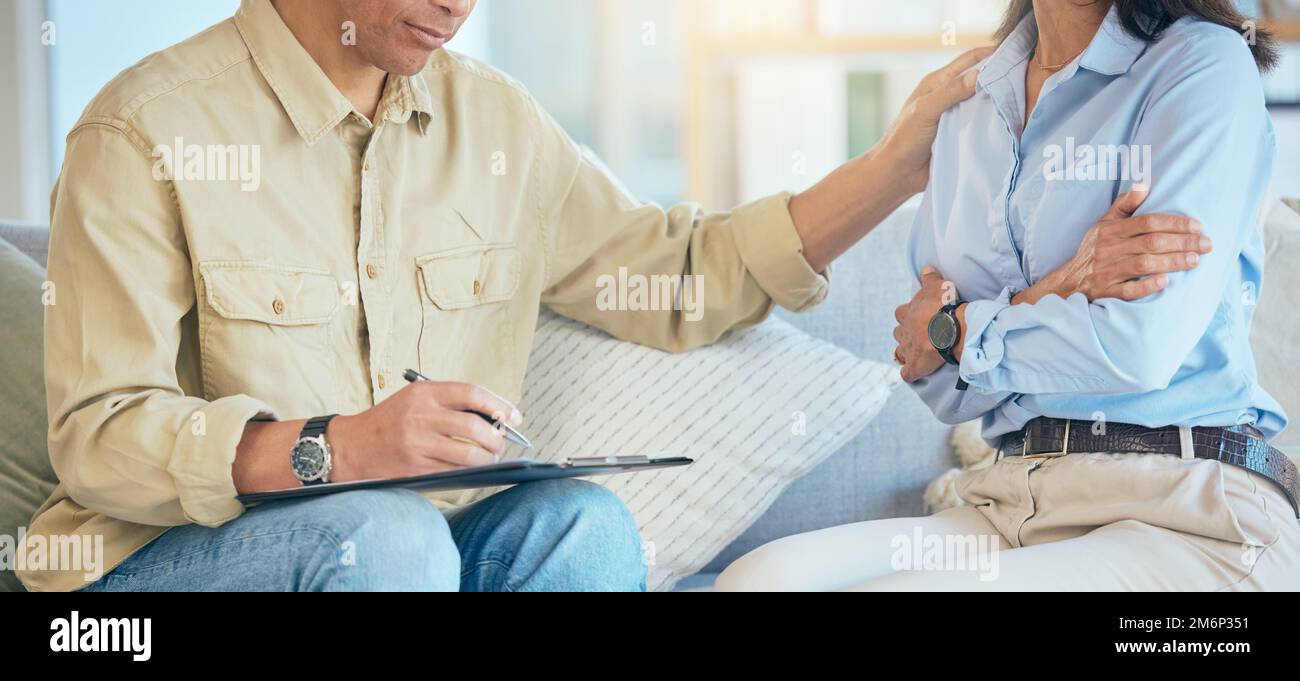 Psychology, therapist consultation and patient consulting therapy man about mental health anxiety, depression or healthcare. Home counseling Stock Photo
