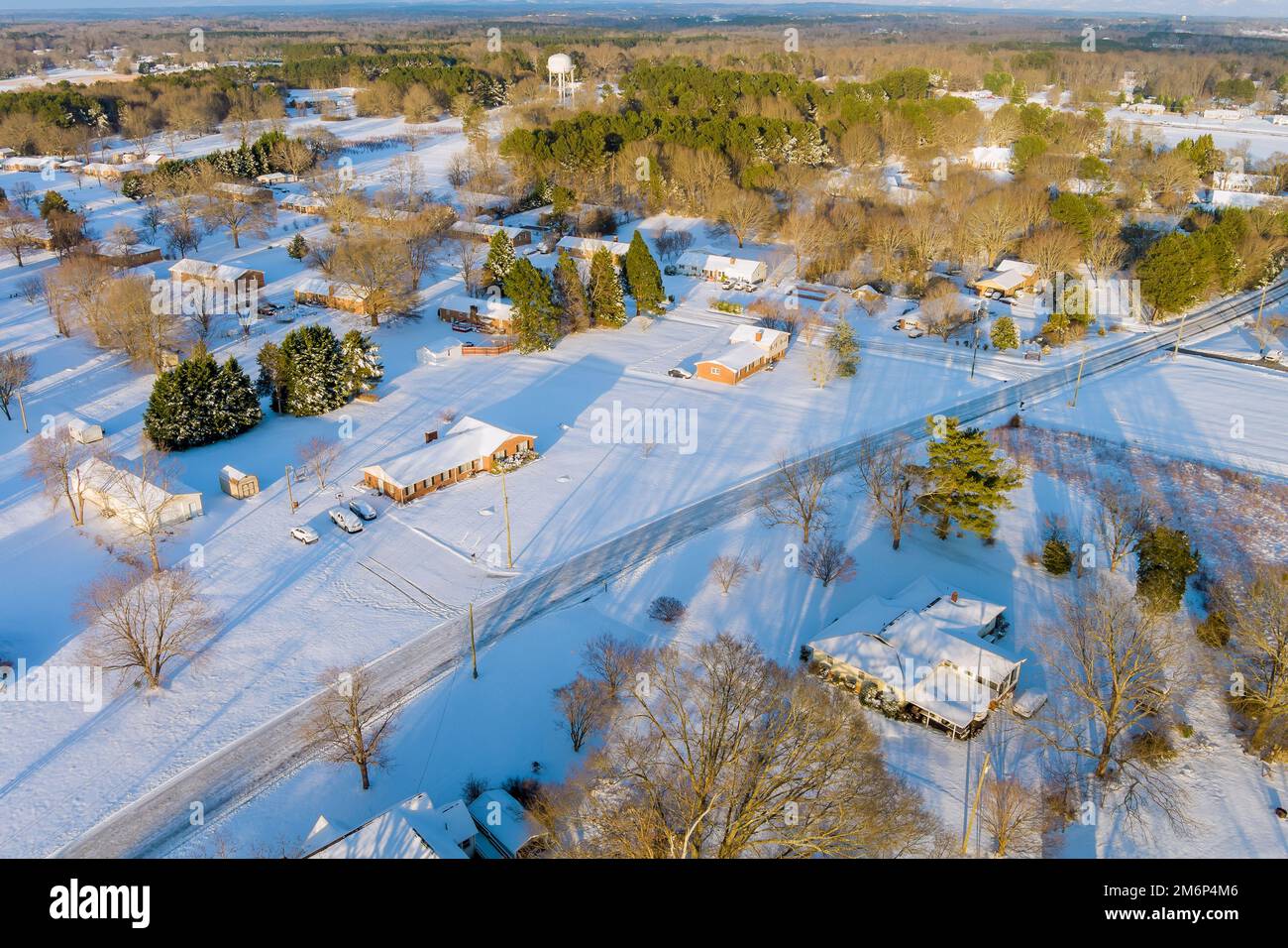 American small town in South Carolina US after snowfall by