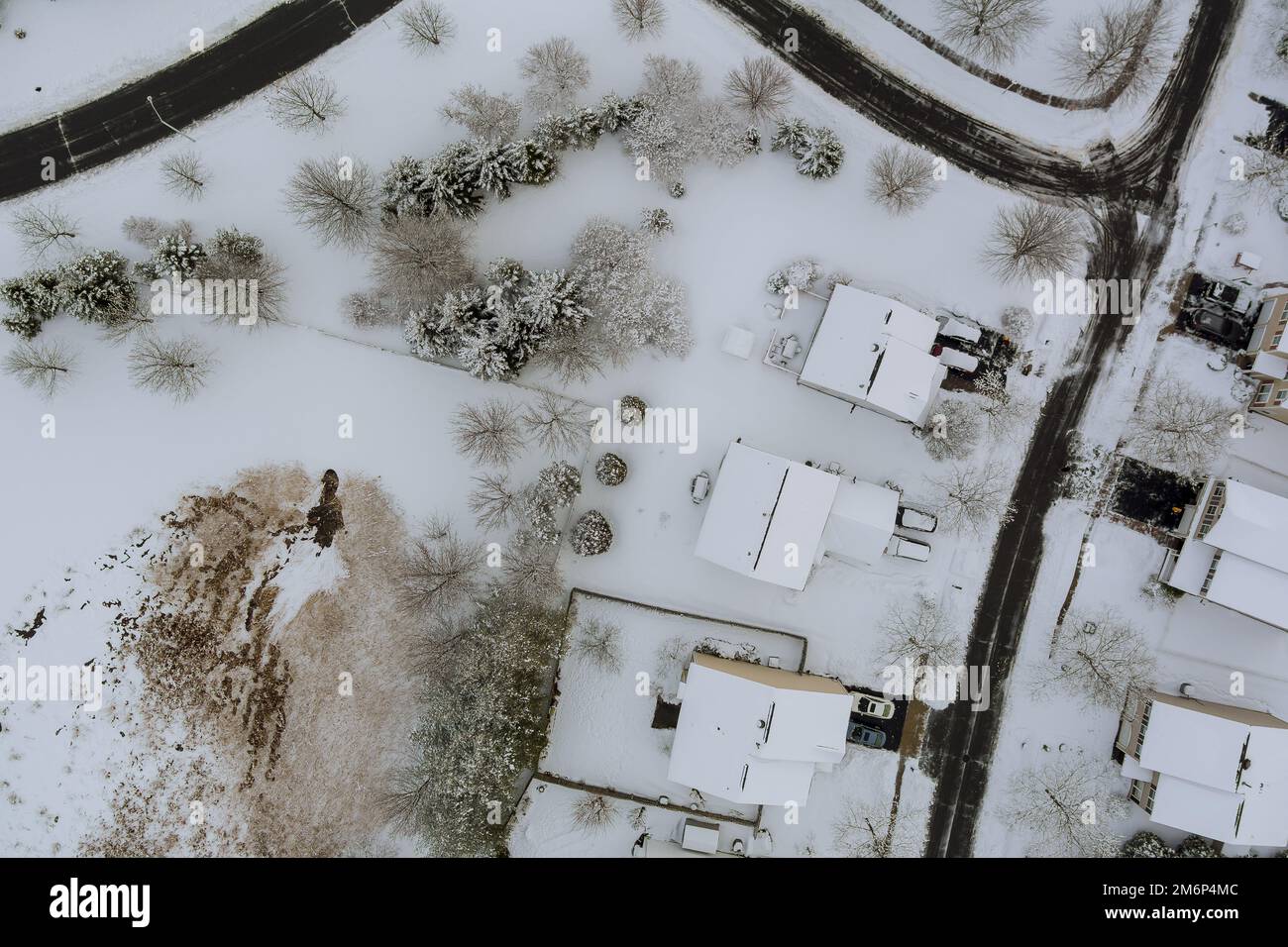 There is aerial view of small American town in South Carolina, US, just