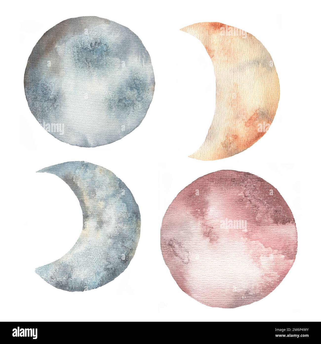 Watercolor beautiful crescent and moons set illustration in different
