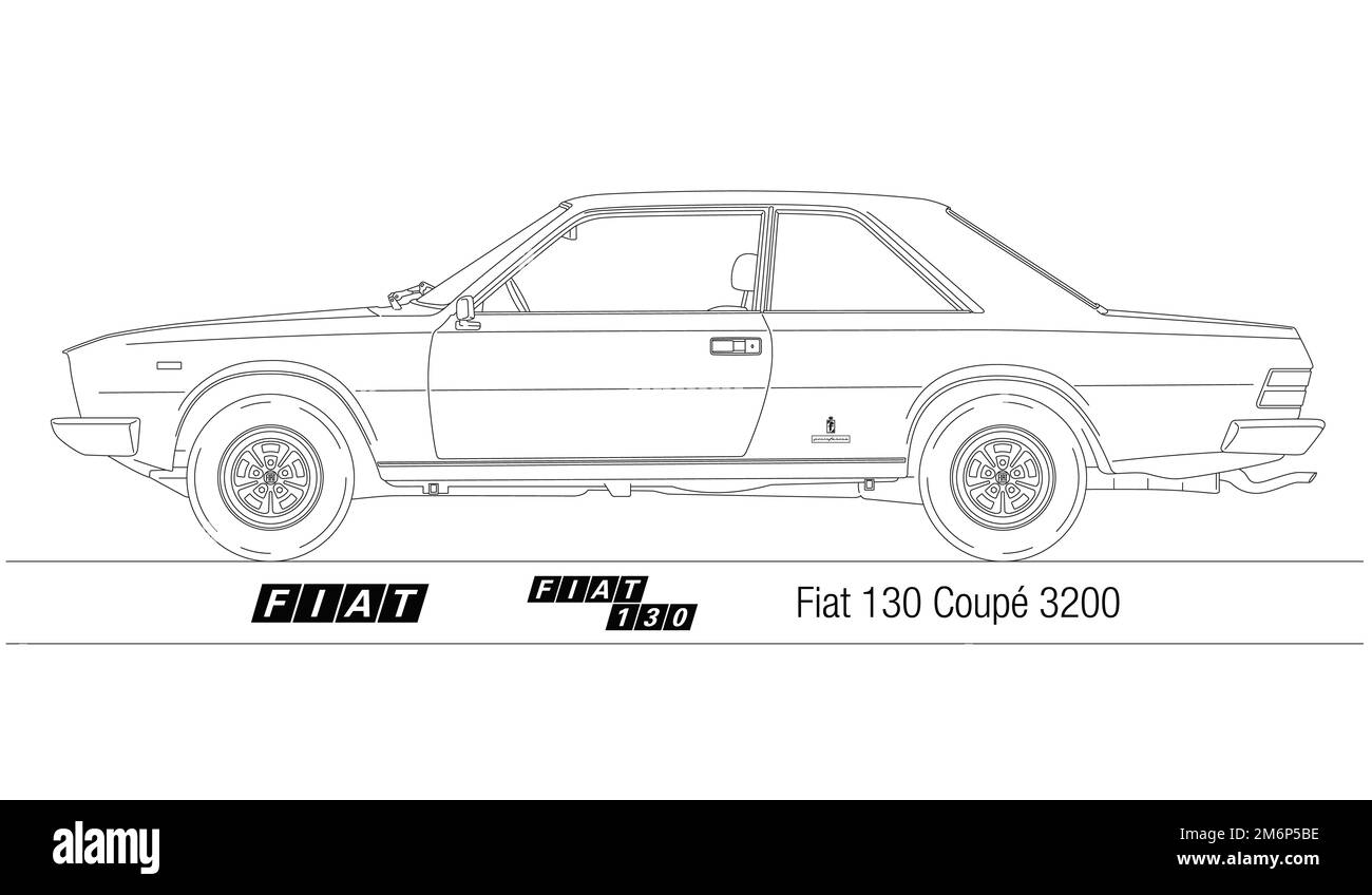 Italy, year 1972, Fiat 130 Coupe 3200, italian vintage car silhouette, vector illustration Stock Photo