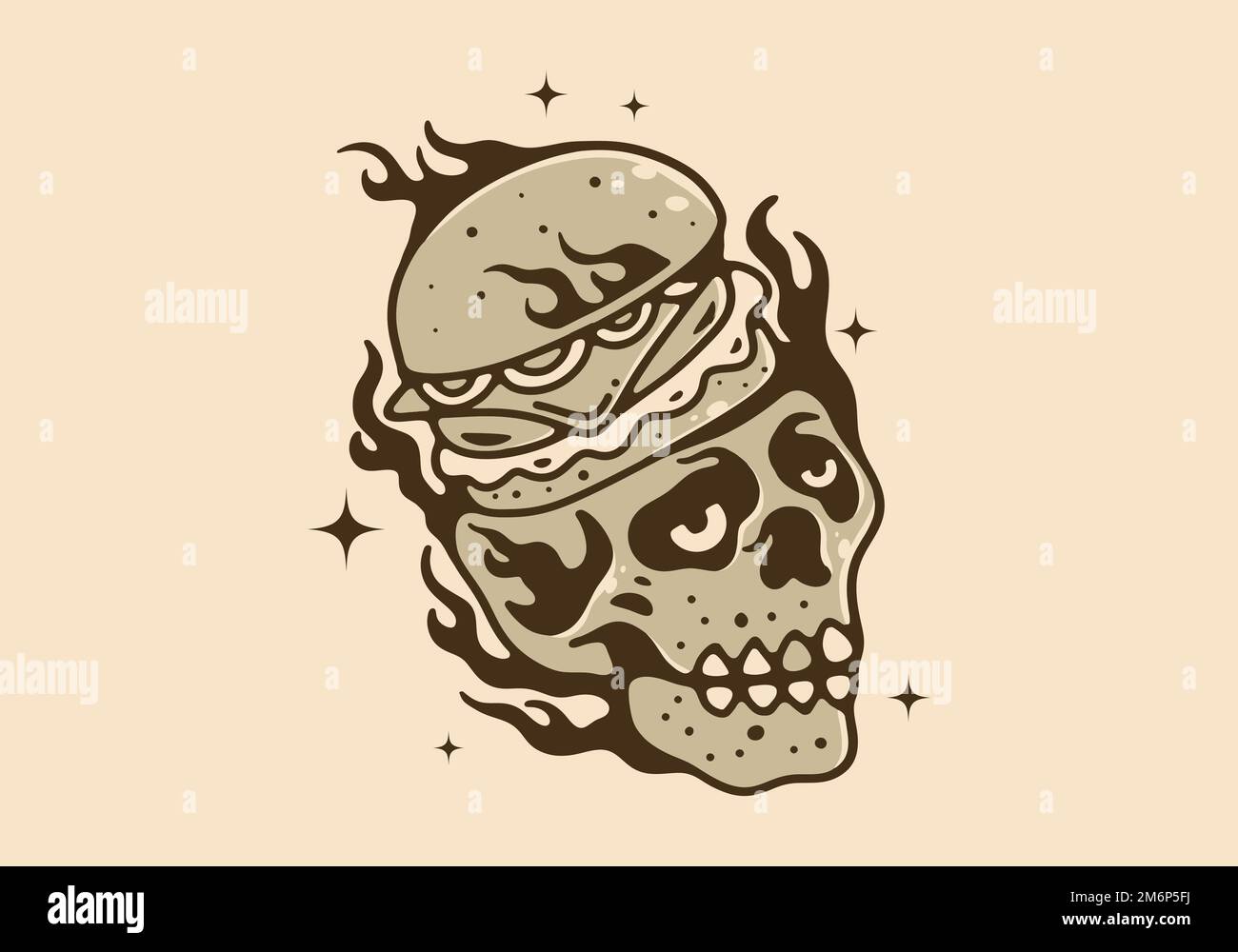 Illustration drawing design of burger on a skull Stock Vector