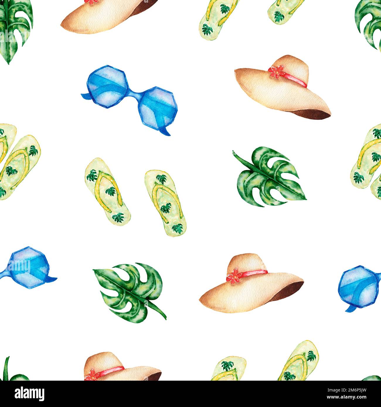 Watercolor travel seamless pattern,tropical leaves,sunglasses,hat,flip ...