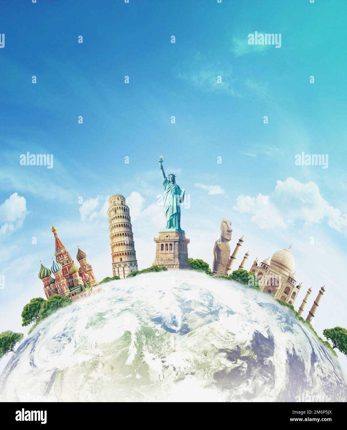 Famous landmarks of the world grouped together on globe, travel postcard background Stock Photo
