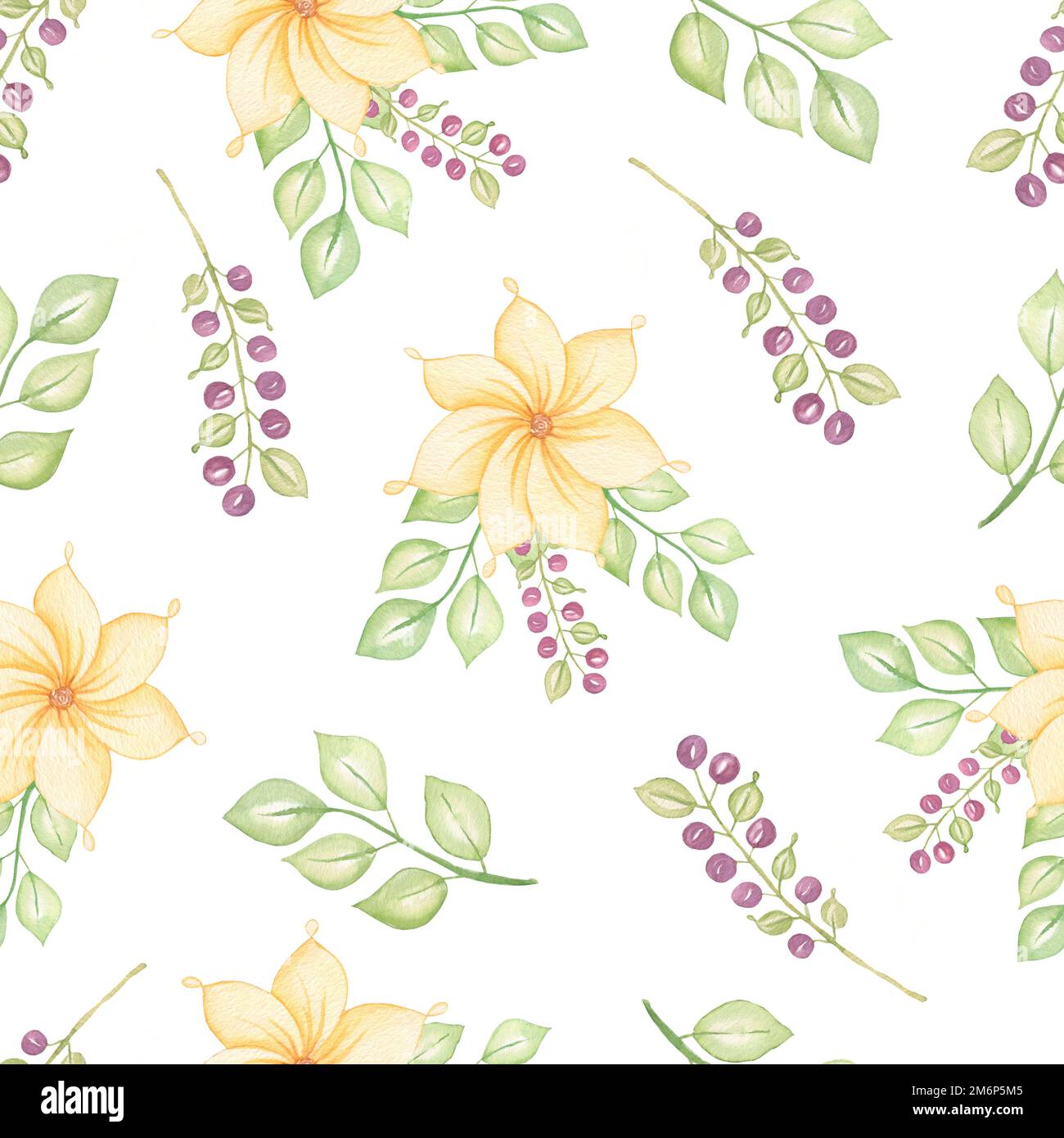 Seamless watercolor floral pattern on a white background.Yellow flowers ...