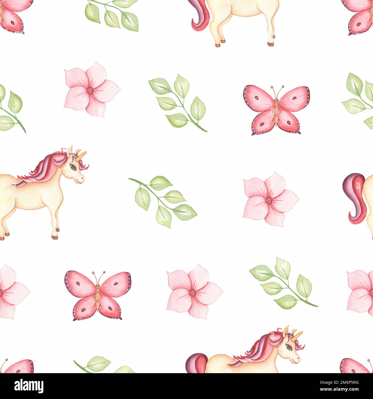 Cute watercolor unicorn seamless pattern with flowers and butterflies ...