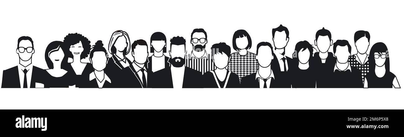 Group of people portrait, black white faces on white background. illustration Stock Photo