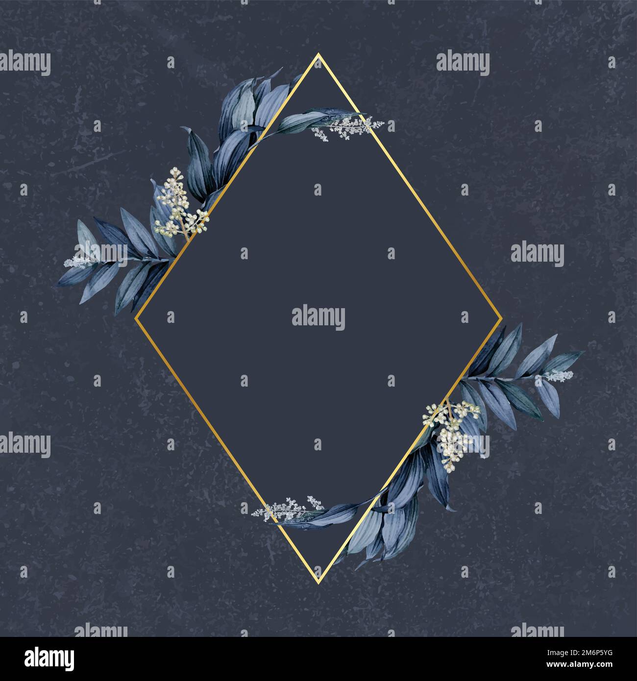 Gold rhombus frame decorated with blue leaves on a navy blue background