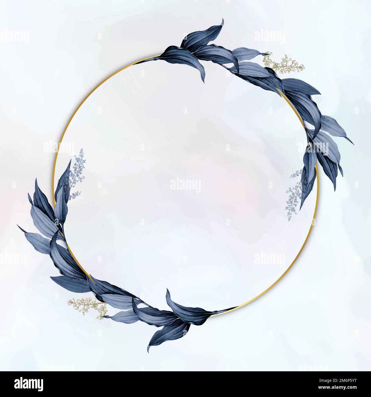 Gold circle frame decorated with blue leaves on a white paint ...