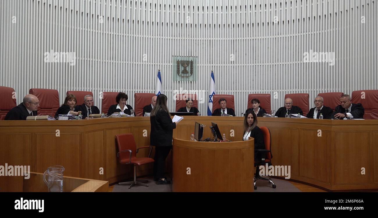 JERUSALEM, ISRAEL - JANUARY 5: President of the Supreme Court Esther Hayut and Supreme court Justices attend a court hearing on petitions demanding the annulment of the appointment of Shas leader Aryeh Deri as a minister in Netanyahu's hard-line new government due to his recent tax fraud conviction at the Supreme Court on January 5, 2023, in Jerusalem, Israel. Credit: Eddie Gerald/Alamy Live News Stock Photo