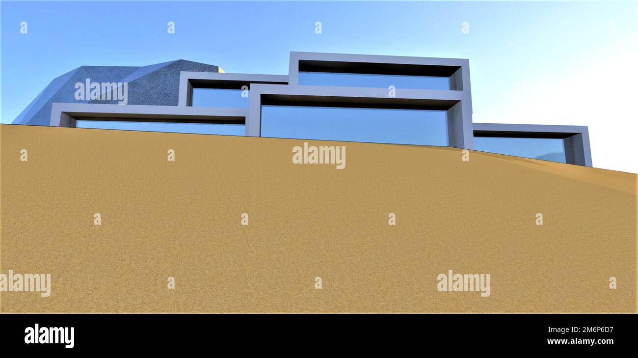 The secret country residence of an oil sheikh built among the sand dunes in Saudi Arabia. Sacred granite rock in the back. 3d rendering. Stock Photo