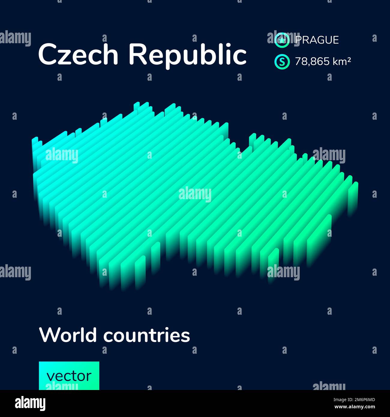 Stylized neon isometric striped vector Czech Republic 3D map in green ...
