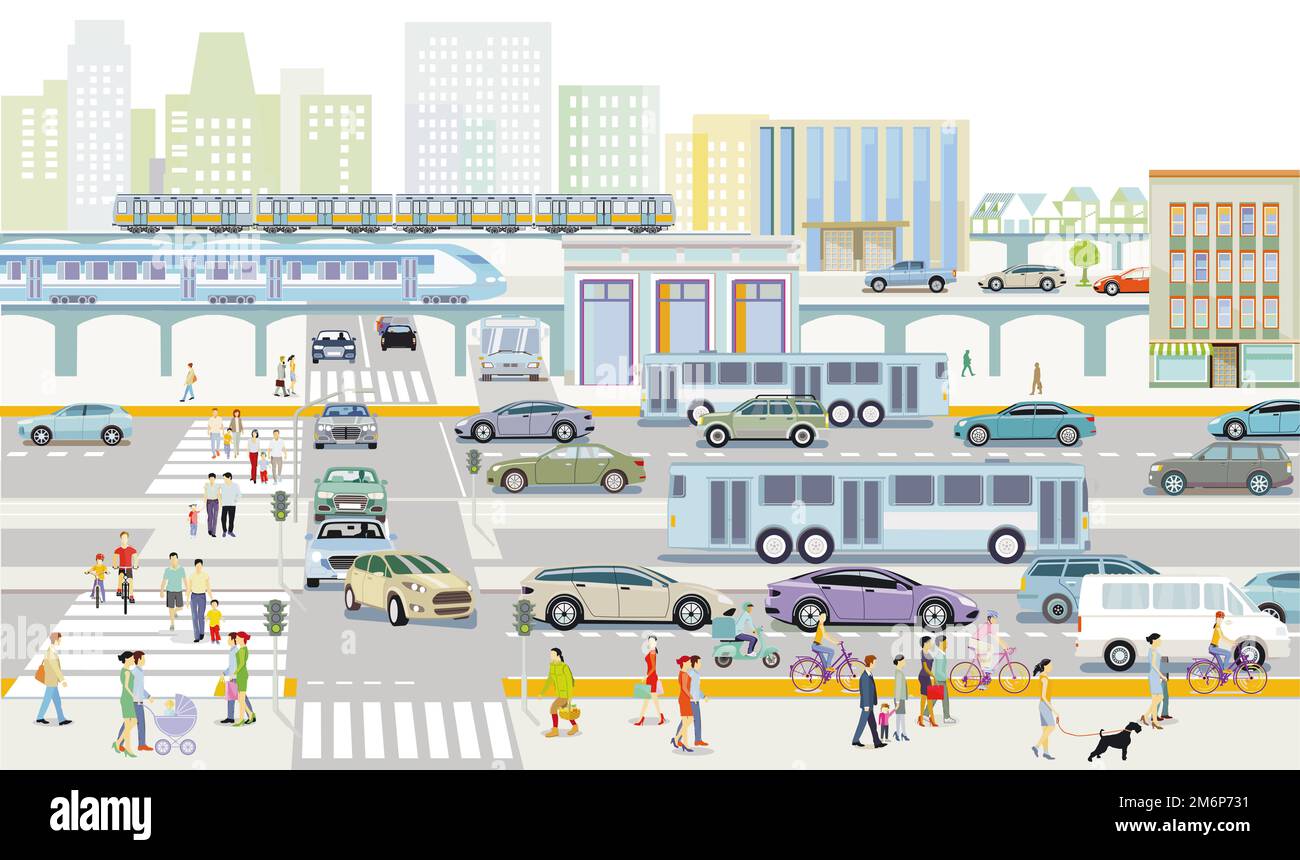 Road traffic with express train, bus and elevated train illustration Stock Photo