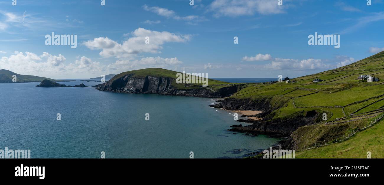 Panorama landscape view of Slea Head and the Dingle Peninsula in County Kerry of western Ireland Stock Photo