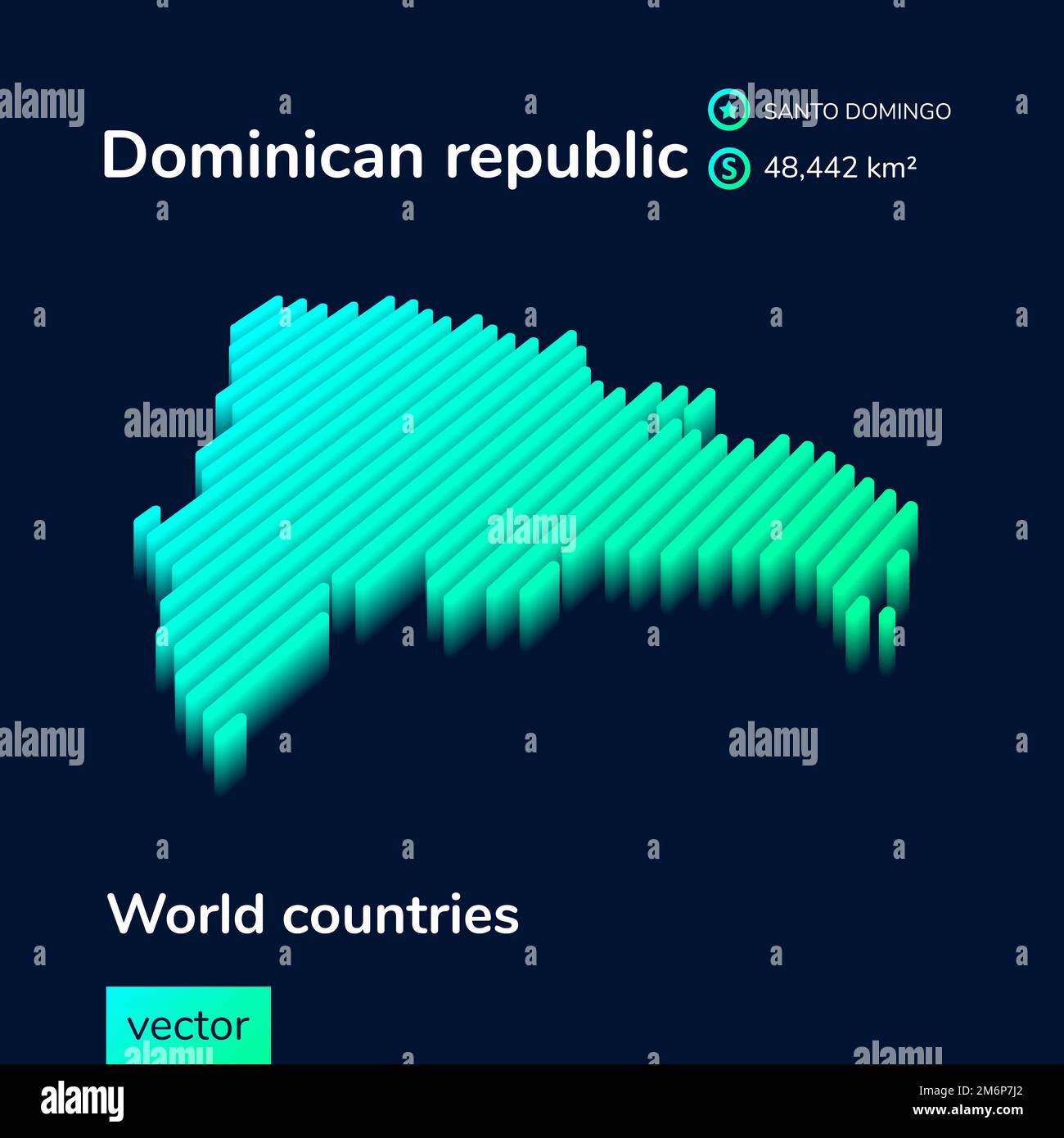 Dominican republic map. Vector digital neon isometric striped contour Dominican republic map 