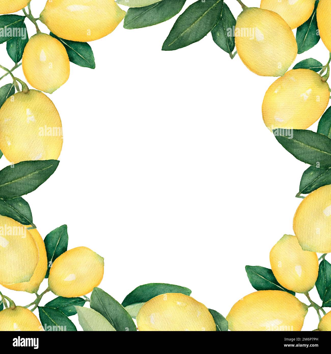 Watercolor frame of branches with yellow lemons and green leaves ...
