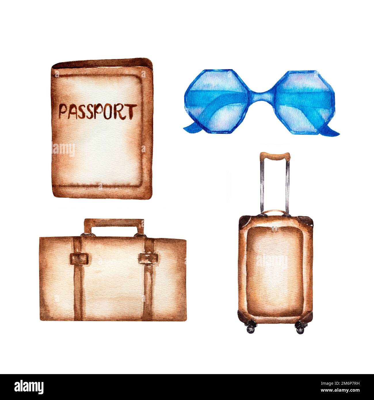 Set of cute old suitcases for traveling by car. Watercolor illustration  Stock Photo - Alamy