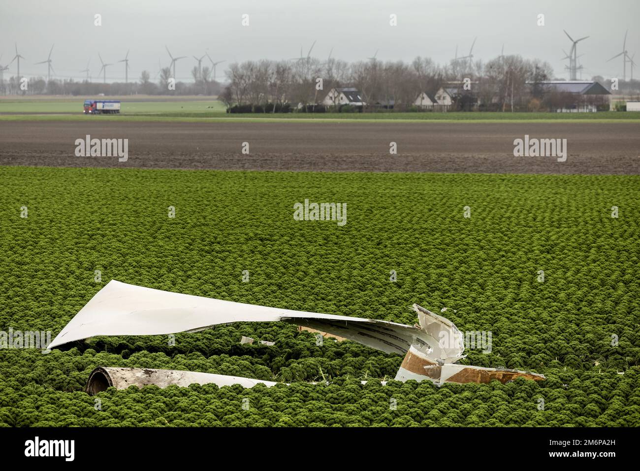 ZEEWOLDE - The debris of the demolished windmill in Zeewolde. The wind turbine was an older model and stopped after an error message. The wind was blowing hard, but it is not yet clear whether the windmill has broken as a result. ANP ROBIN VAN LONKHUIJSEN netherlands out - belgium out Stock Photo