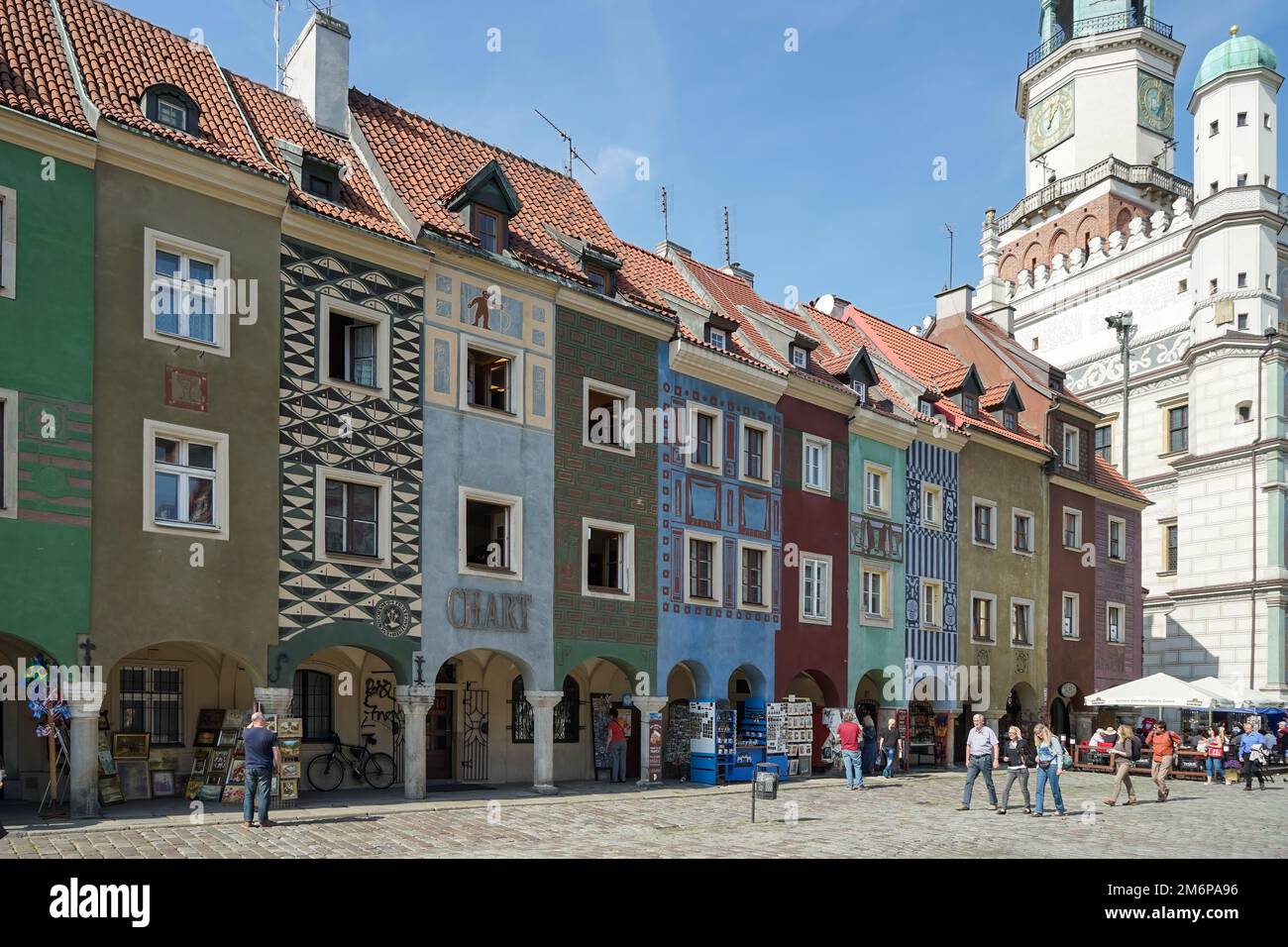 Row of multicoloured houses and shops  in Poznan Stock Photo