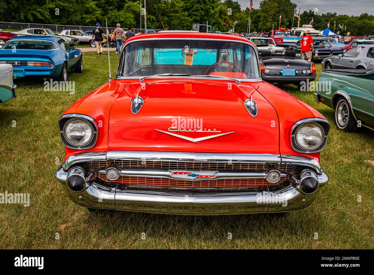 Iola, WI - July 07, 2022: High perspective front view of a 1957 Chevrolet Nomad Station Wagon at a local car show. Stock Photo