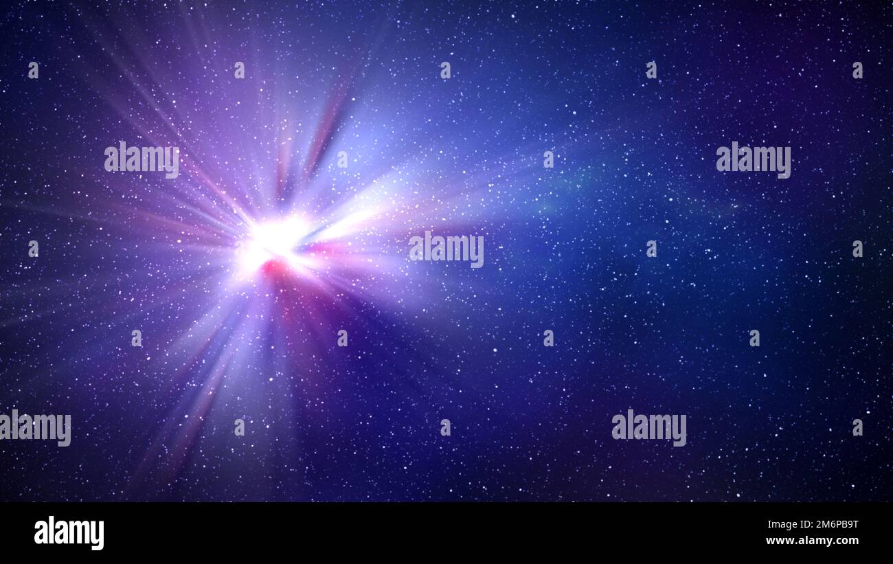 Burst of light in space. Night blue starry sky horizontal background Stock Photo