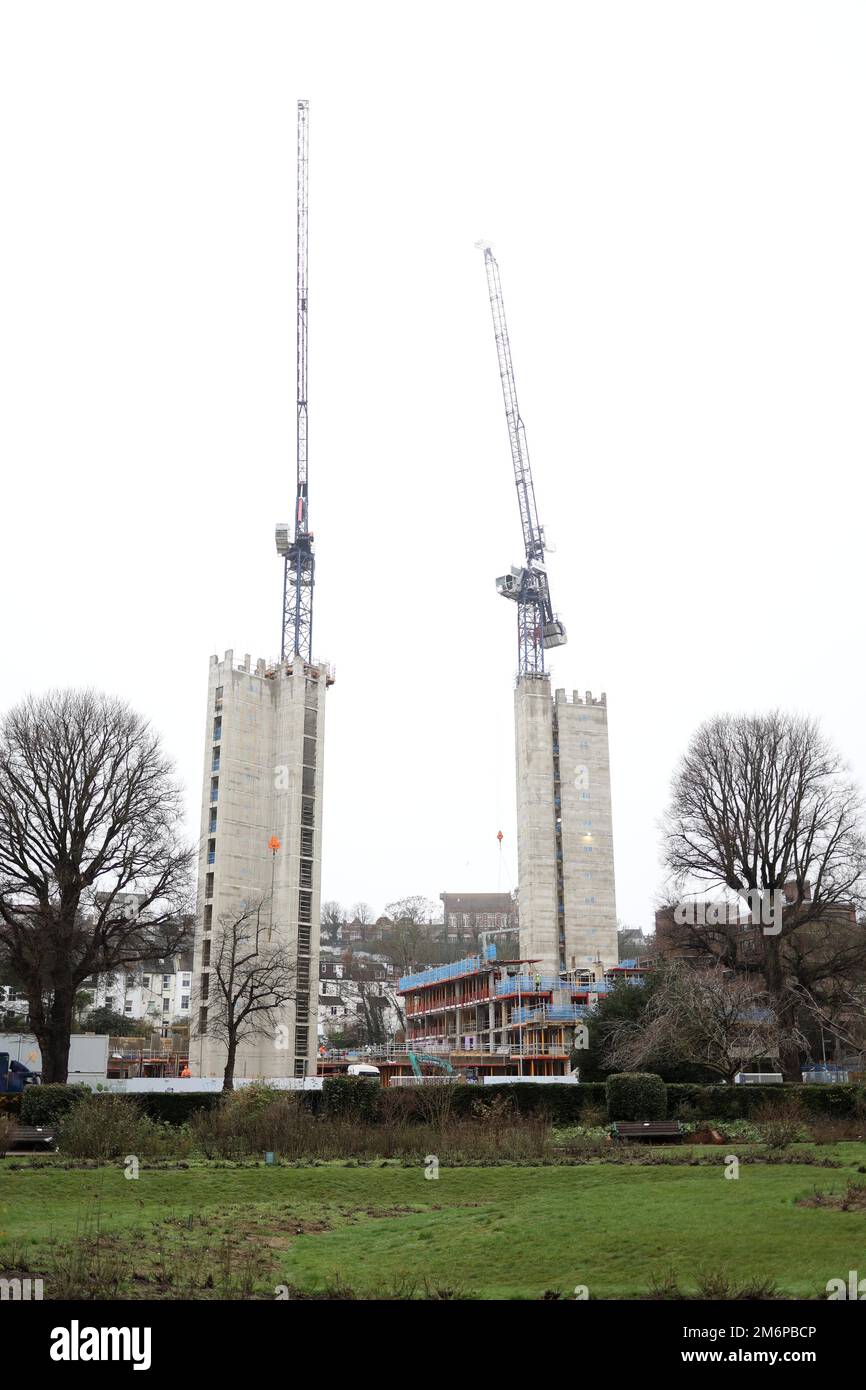 Two blocks of flats being built on a brownfield site on the Preston Road in Brighton. Stock Photo