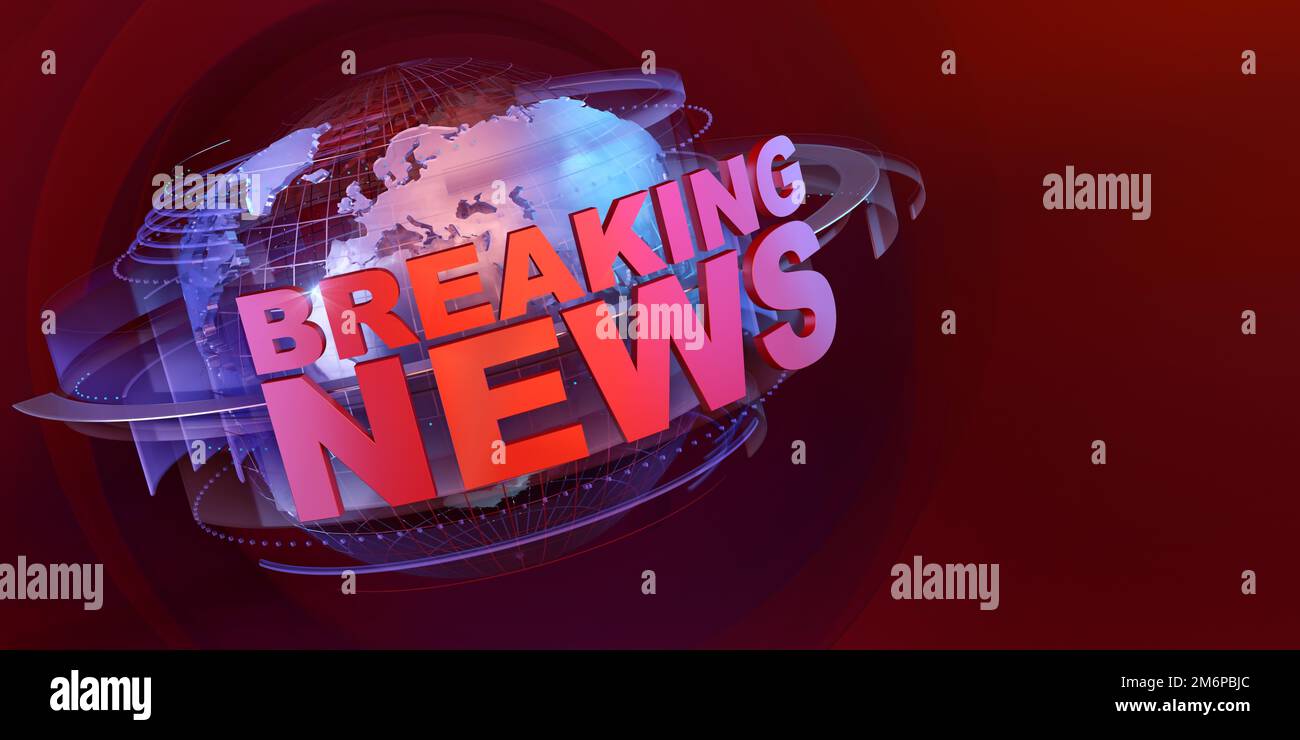 Breaking news live on world map globe background illustration design concept. News theme headline template tv screen saver infographic with Breaking N Stock Photo