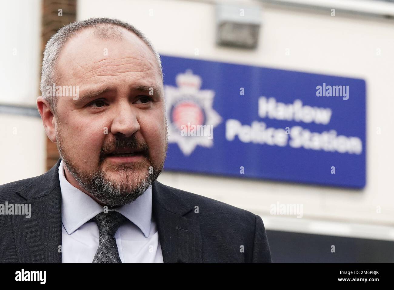 Detective Superintendent Rob Kirby updates the media gathered outside Harlow Police Station