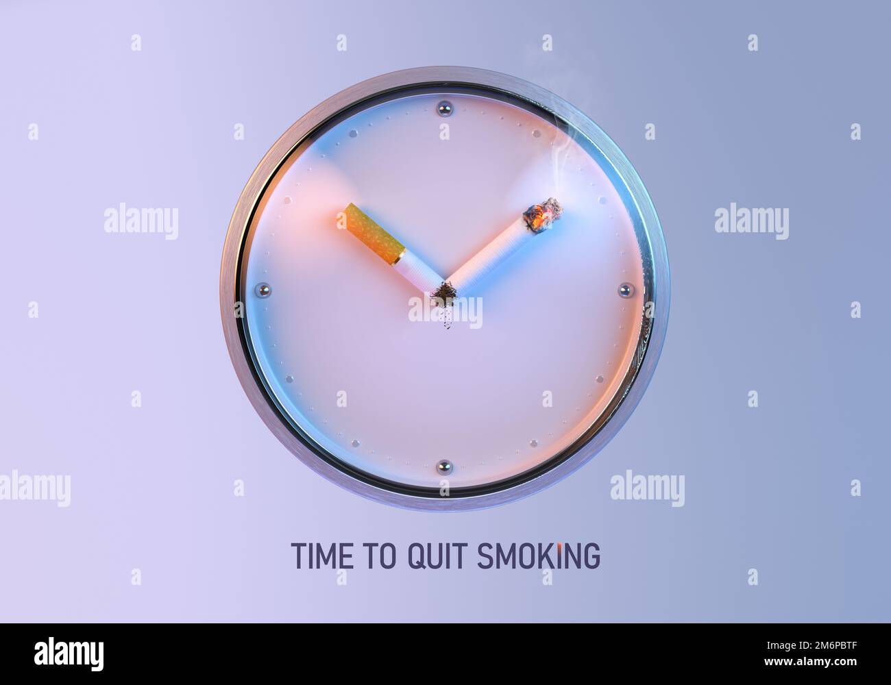 Time to quit smoking 3D concept illustration design: clock, broken cigarette close-up color background isolated. Stop smoking, quitting smoking, no to Stock Photo