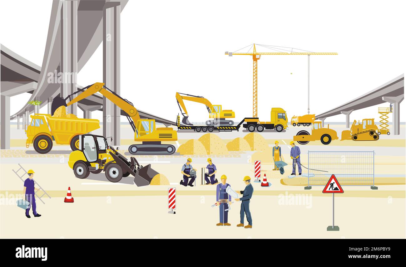 Bridges construction site with construction workers, illustration Stock