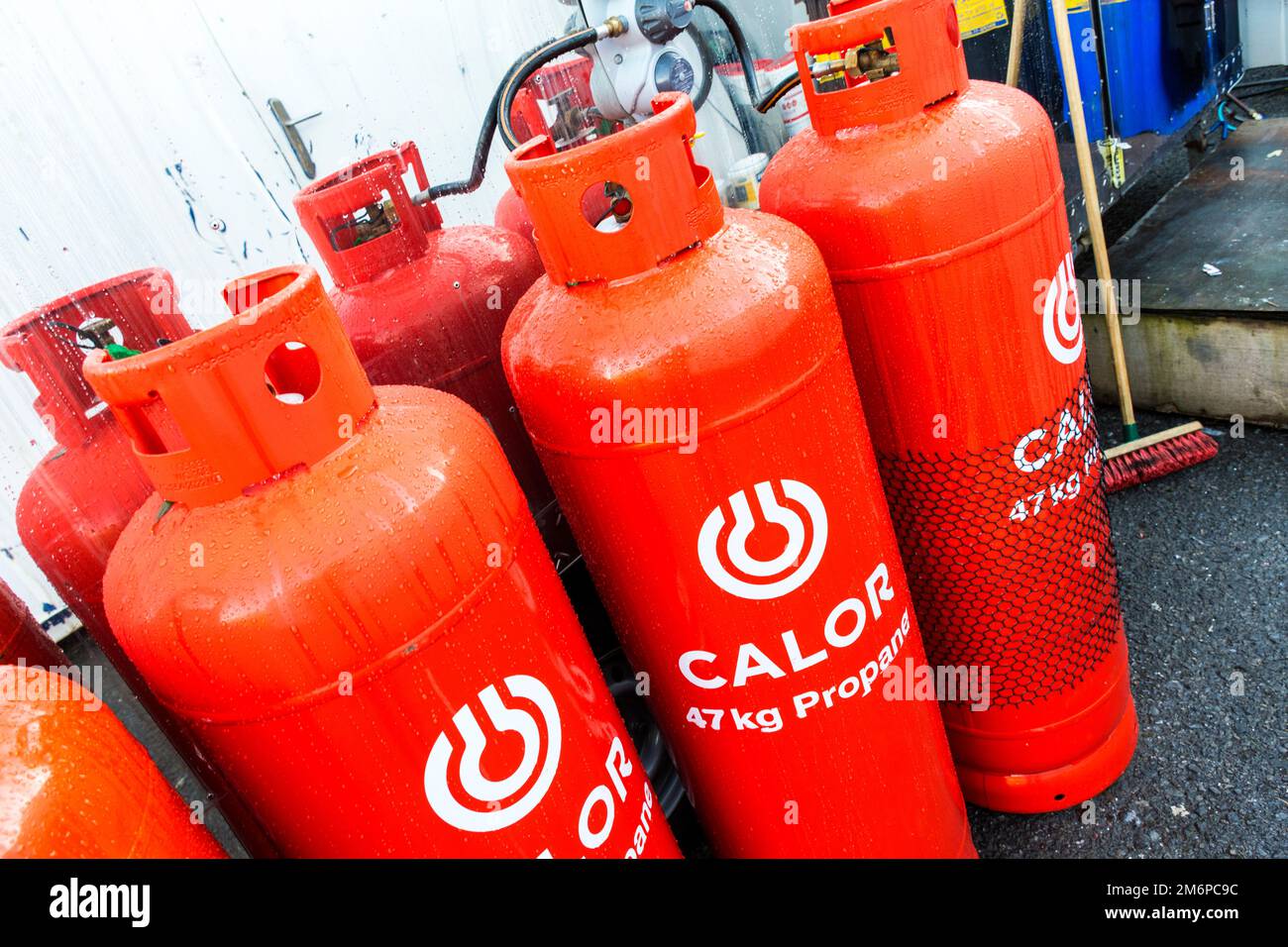 Calor gas cylinders. Containg propane gas for cooking purposes. Stock Photo