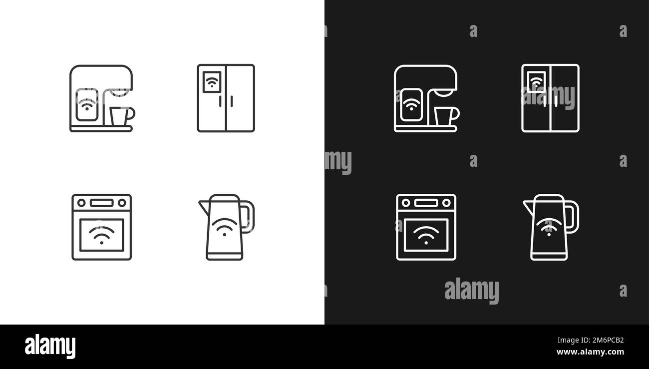 Smart kitchen appliances pixel perfect linear icons set for dark, light ...
