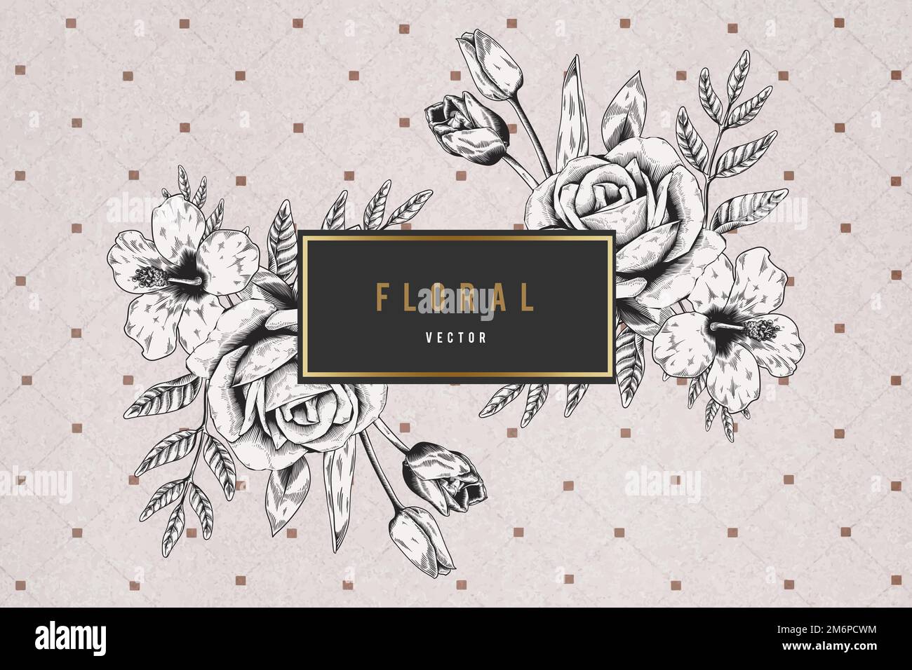 Floral frame on brown grid background vector Stock Vector