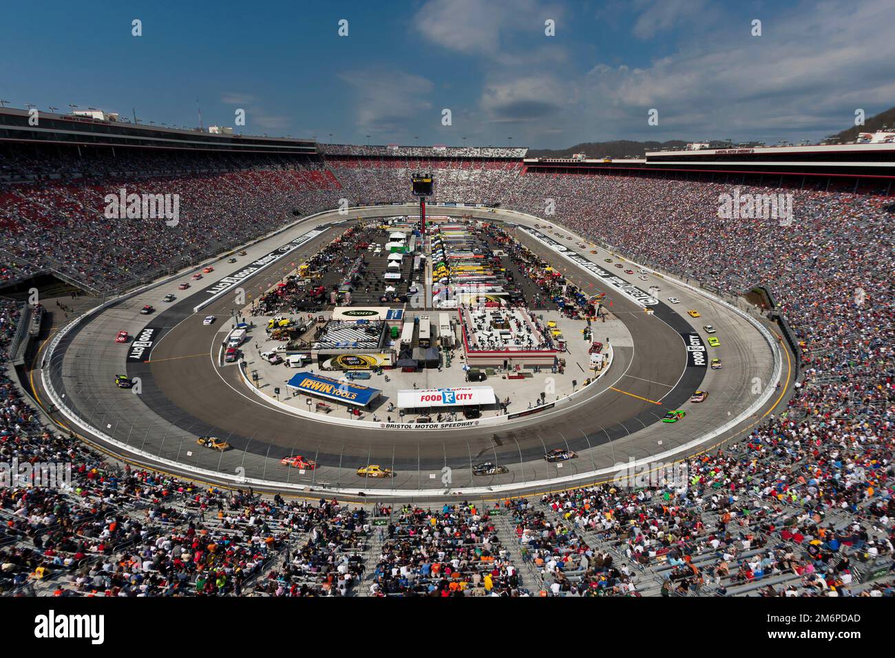 BRISTOL, TN - MAR 20, 2011: The NASCAR Sprint Cup teams take to the track for the running of the Jeff Byrd 500 race at the Bristol Motor Speedway in Bristol, TN. Stock Photo