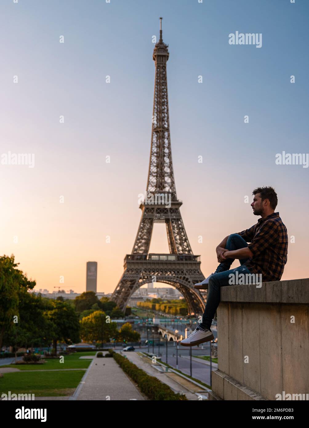 Eiffel tower at Sunrise in Paris France, Paris Eifel tower on a summer day Stock Photo