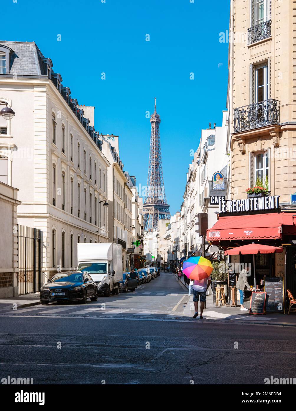 Paris France people drinking coffee on the terrace of a cafe restaurant during the Autumn Stock Photo