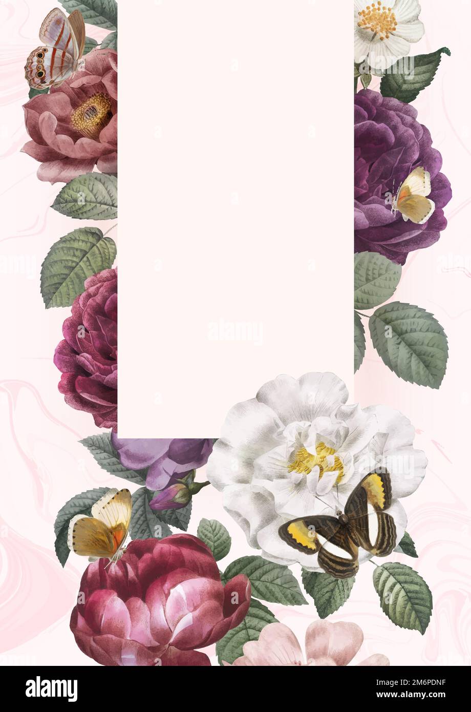 Floral frame on a marble textured background vector Stock Vector
