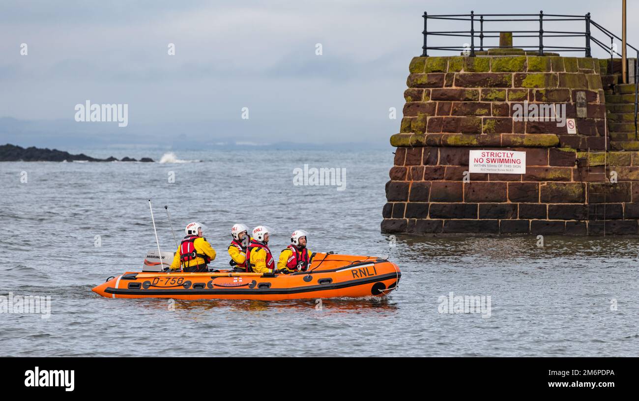Royal National Lifeboat Institution (RNLI) rigid inflatable boat, Firth of Forth sea, North Berwick, East Lothian, Scotland, UK Stock Photo