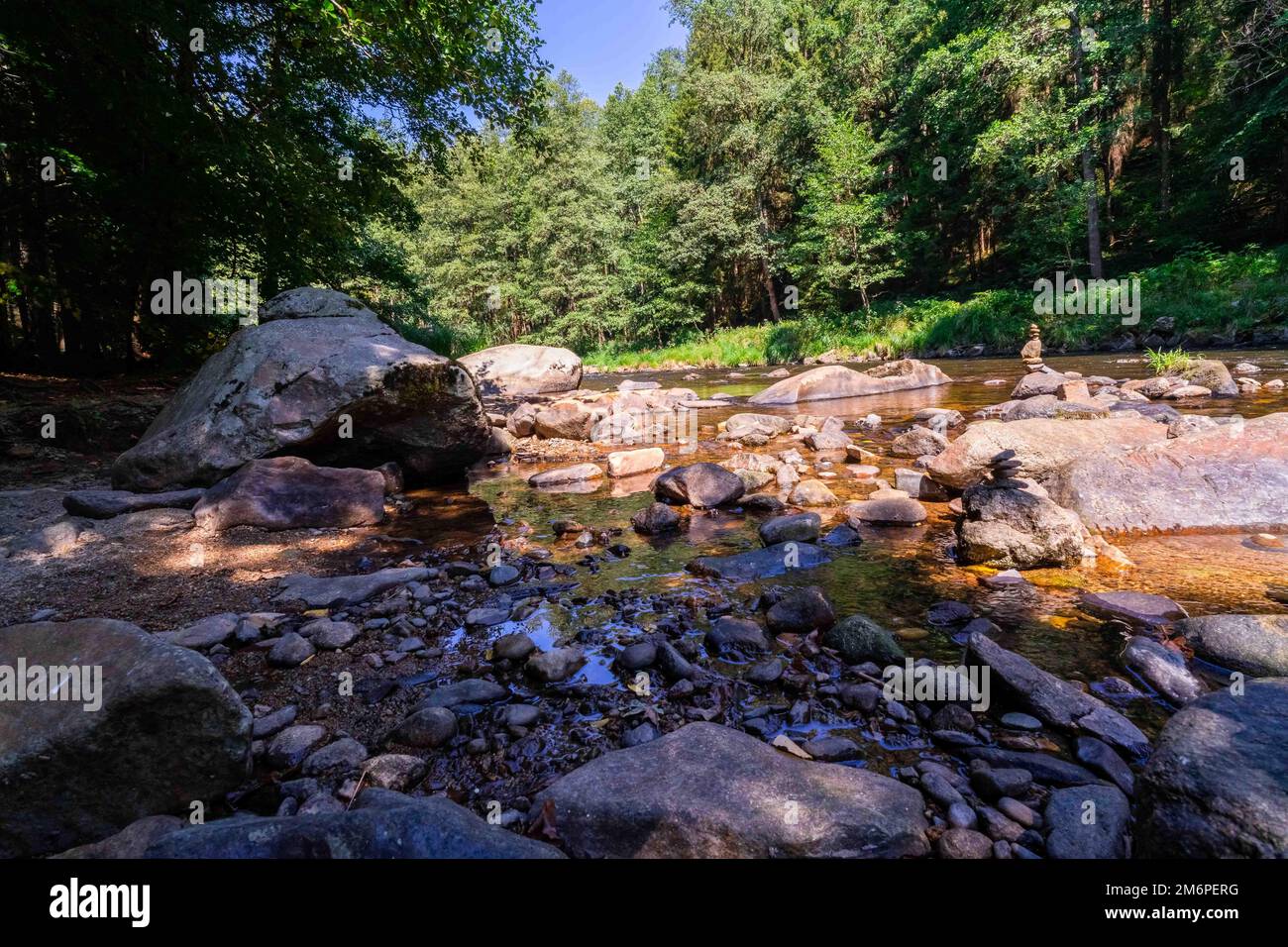 Hiking on along the Ilz River between the Schrottenbaum Mill and Fuersteneck in the bavarian Forests! Stock Photo