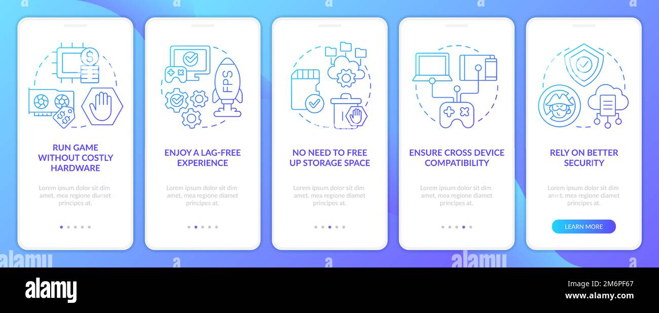 Cloud gaming benefits blue gradient onboarding mobile app screen Stock Vector