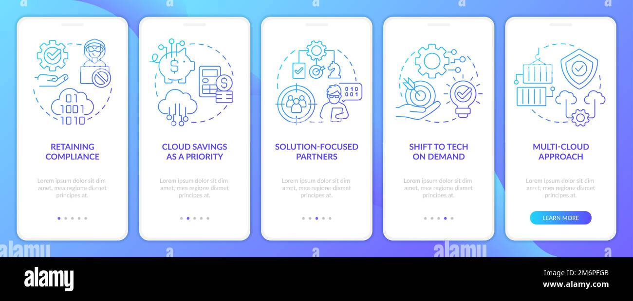 Cloud computing innovations trends blue gradient onboarding mobile app screen Stock Vector