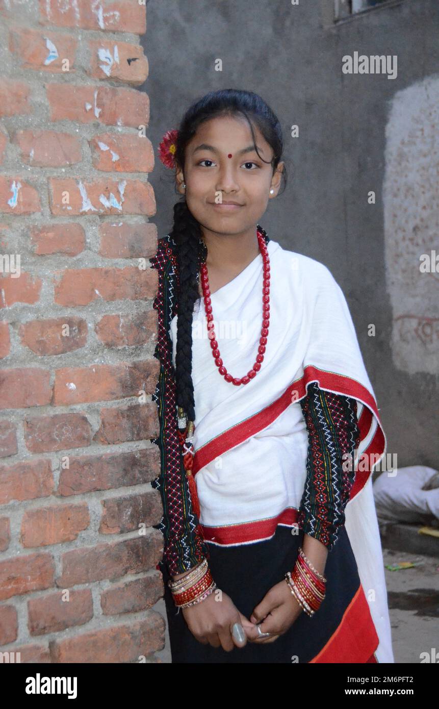 Faces of Nepal: Young Girl with Tika (Red forehead dot) Stock Photo