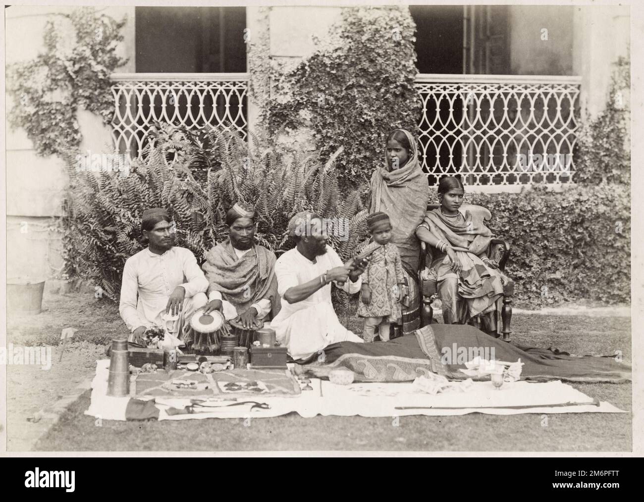 19th century photograph: Indian jugglers, street entertainers, India Stock Photo