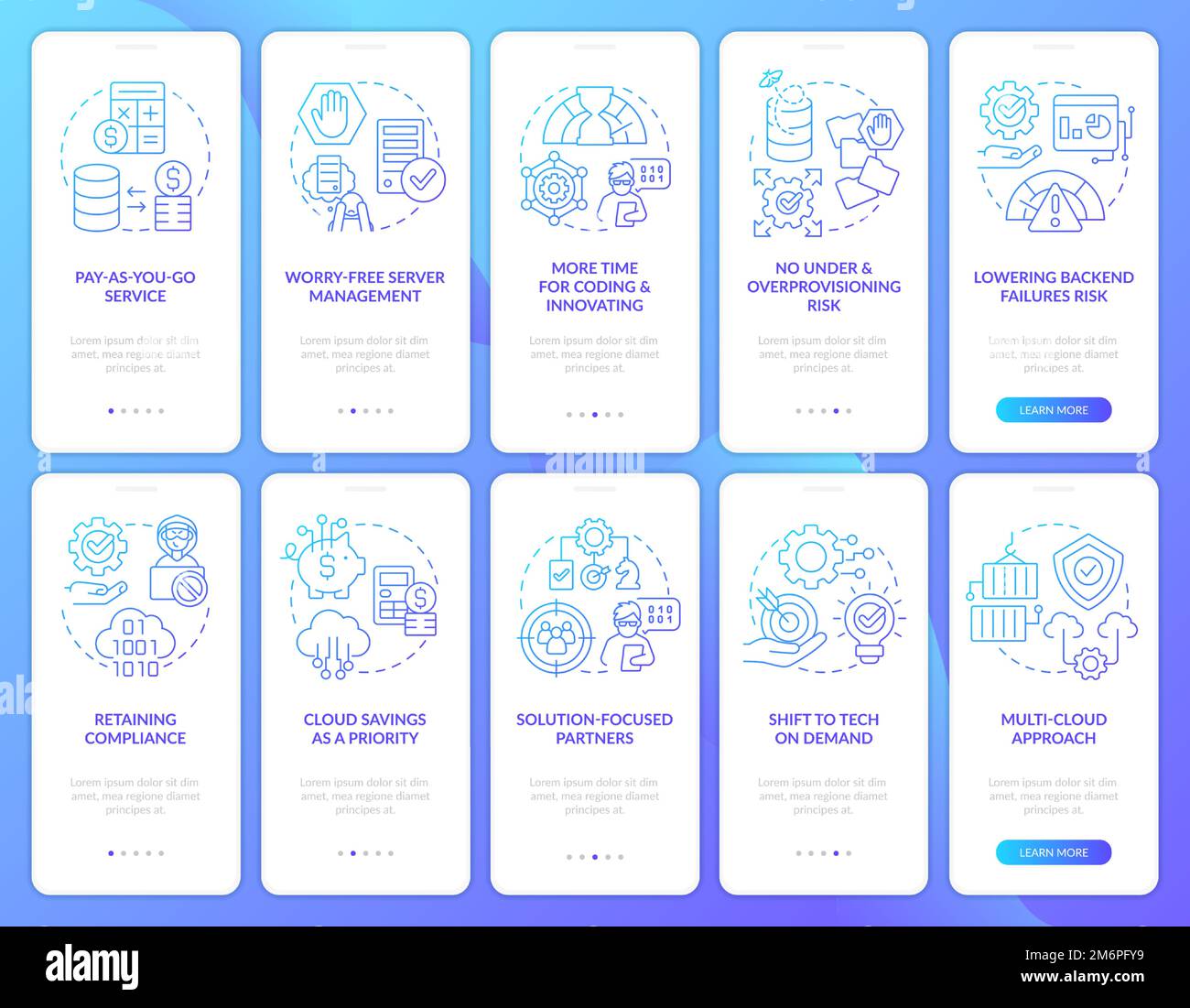 Digital cloud trends blue gradient onboarding mobile app screen set Stock Vector